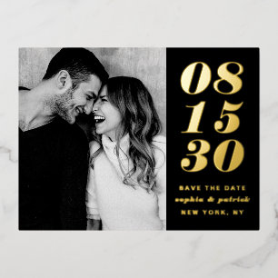 Modern Bold Date Typography Black Save the Date Foil Invitation Postcard
