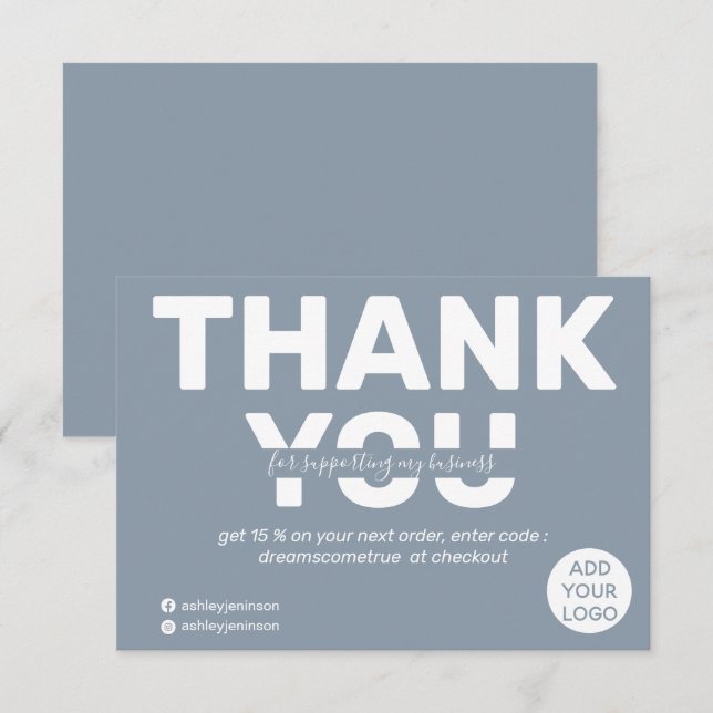 Modern bold dusty blue order thank you card (Front/Back)