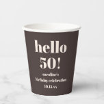 Modern Bold Earthy Brown 50th Birthday Custom Paper Cups<br><div class="desc">These personalized birthday party cups feature bold “Hello Fifty” lettering with space to customize the name and date. Perfect for serving drinks at milestone birthday parties, backyard celebrations, or casual gatherings. The clean, modern layout pairs easily with matching party decor and favors. Customize the text to fit your event and...</div>