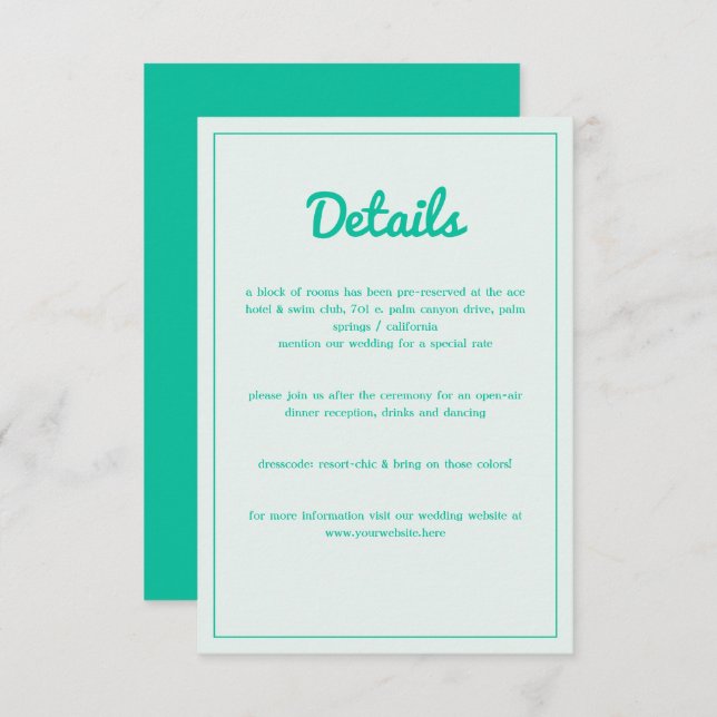 Modern Bold Emerald Mint Green Retro Vibes Wedding Enclosure Card (Front/Back)