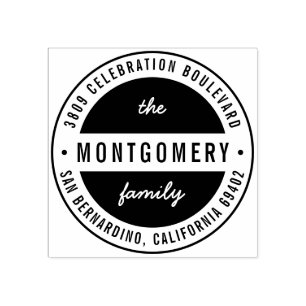 Modern Bold Family Name Round Return Address Rubber Stamp