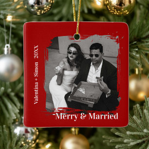 Modern Bold First Christmas Merry and Married Ceramic Ornament