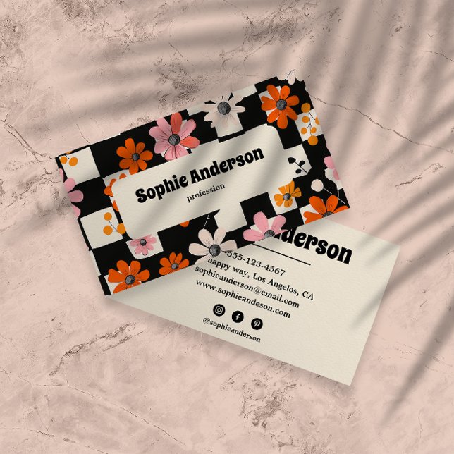 Modern Bold Floral Chequered Business Card (Creator Uploaded)