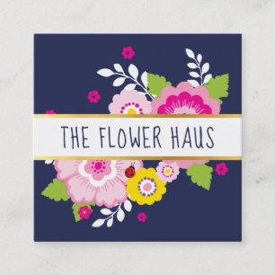 MODERN BOLD FLORAL colourful blooms navy pink Square Business Card