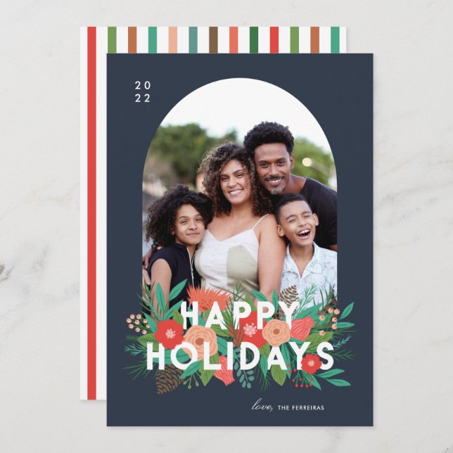 Modern Bold Floral Happy Holidays Arch Photo Holiday Card (Front/Back)
