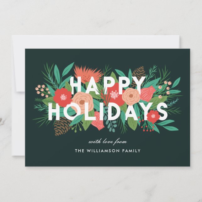 Modern Bold Floral Happy Holidays Family Name Holiday Card (Front)