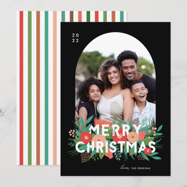 Modern Bold Floral Merry Christmas Arch Photo Holiday Card (Front/Back)