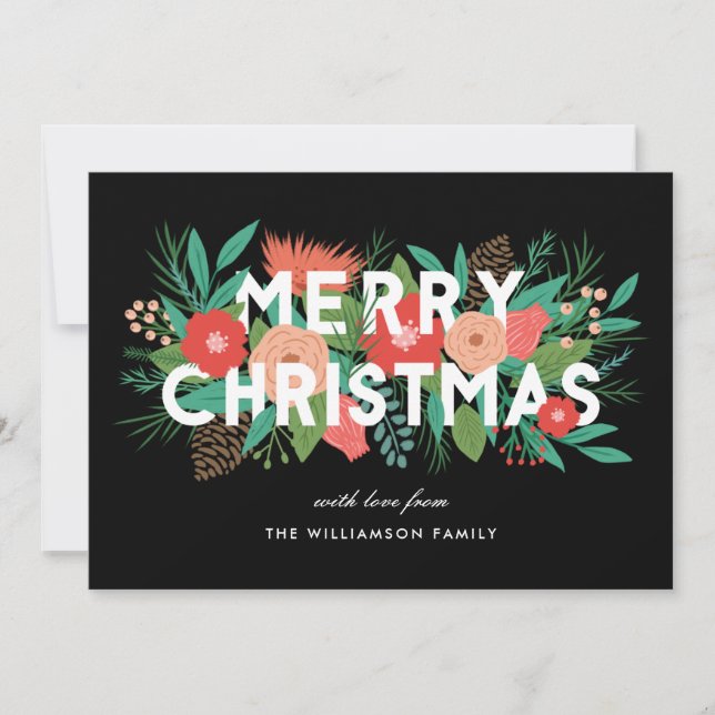 Modern Bold Floral Merry Christmas Family Name Holiday Card (Front)