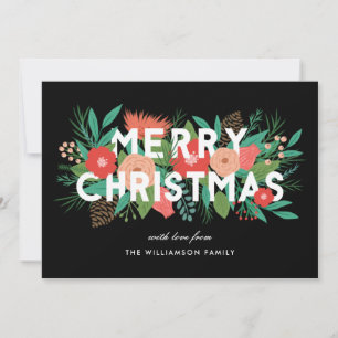 Modern Bold Floral Merry Christmas Family Name Holiday Card
