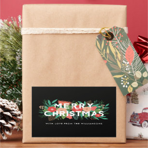 Modern Bold Floral Merry Christmas Name Black Rectangular Sticker
