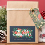 Modern Bold Floral Merry Christmas Name Blue Rectangular Sticker<br><div class="desc">These modern styled stickers feature colourful hand drawn winter flowers and other elements over dark background. Typography reading,  "Merry Christmas" in white is layered into the design. Great for Christmas gift labels and more!</div>