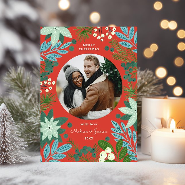 Modern Bold Floral Merry Christmas Photo Holiday Card (Modern Bold Floral Merry Christmas Photo Holiday Card)