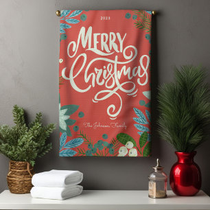 Modern Bold Floral Merry Christmas  Tea Towel