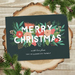 Modern Bold Floral Merry ChristmasFamily Name Holiday Card<br><div class="desc">Send beautiful, personalised Christmas greetings with this stylish card, featuring various hand drawn floral elements (pine, flowers, buds, pinecones, leaves, and sprigs). Modern typography reads, "Merry Christmas" in white, and the foliage elements are layered below, with some elements above the text. Text templates on both the front and back are...</div>