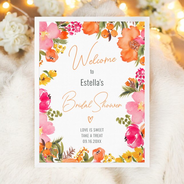 Modern bold flowers script bridal shower welcome poster (Modern bold flowers script bridal shower welcome poster)
