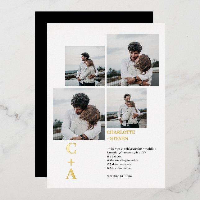 Modern bold font gold foil 4 photos grid wedding  (Front/Back)