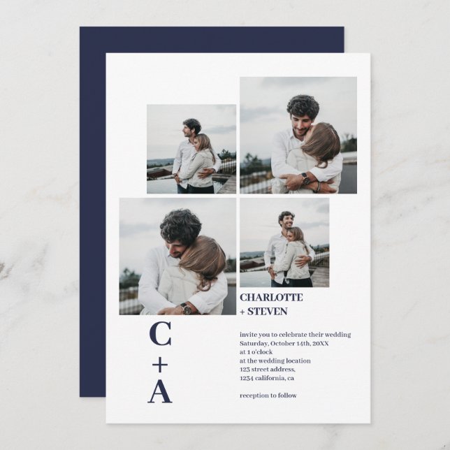 Modern bold font navy blue 4 photos grid wedding invitation (Front/Back)