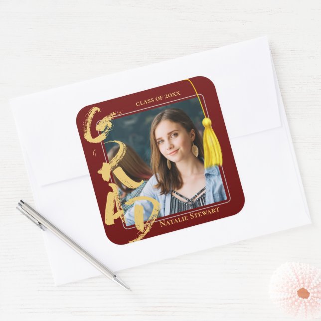 Modern Bold Font Photo Graduation Tassel Square Square Sticker (Envelope)