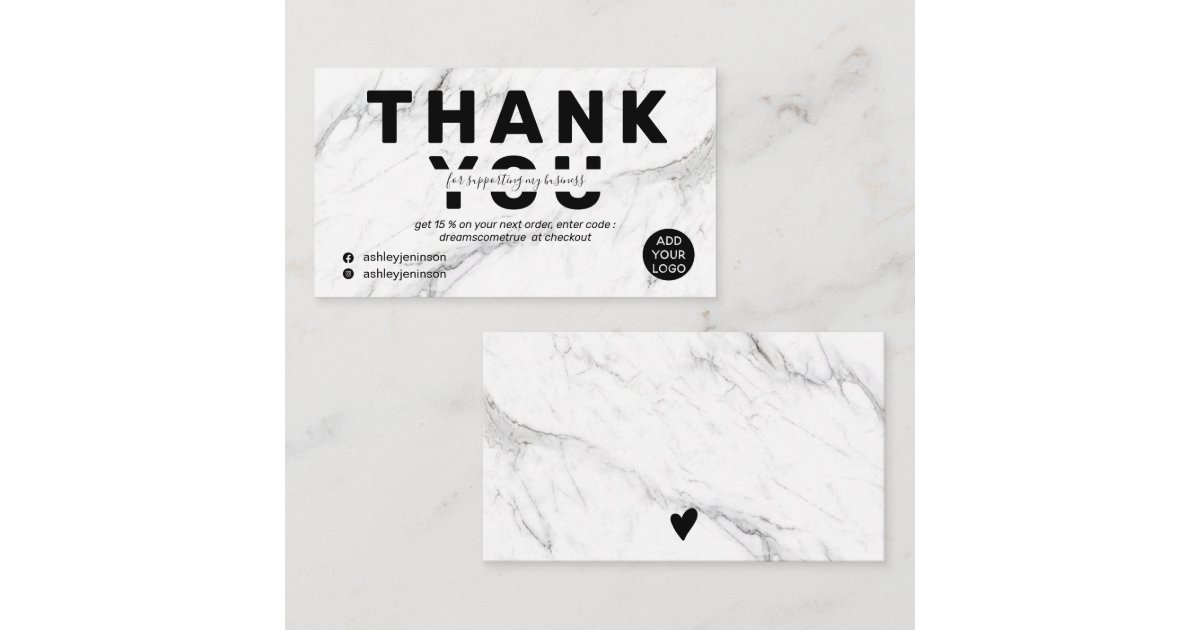 Modern bold font white marble order thank you business card | Zazzle