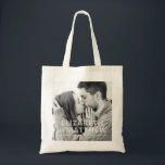 Modern Bold & Fun Typography Custom Photo Wedding Tote Bag<br><div class="desc">Add a custom photo. Photo filter is applied. Date is bold serif typography. Bride-to-be and Groom-to-be names are in sans serif typography.</div>