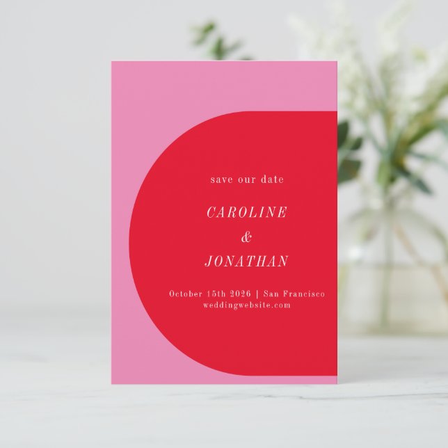Modern Bold Geometric Bright Pink Red Wedding Save The Date (Standing Front)