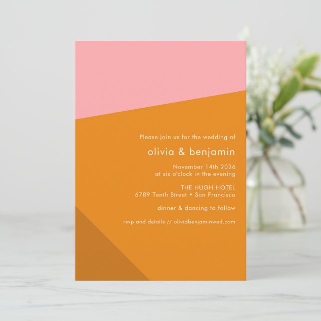 Modern Bold Geometric Pink Burnt Orange Wedding Invitation (Standing Front)