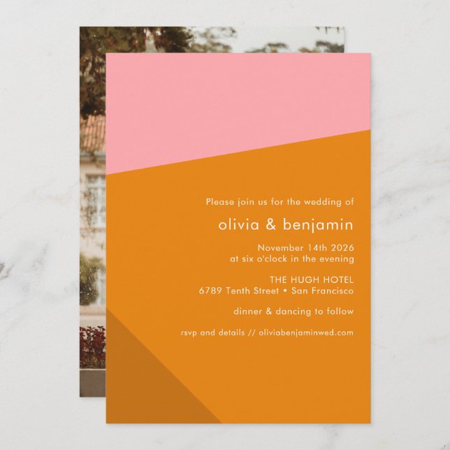 Modern Bold Geometric Pink Orange Photo Wedding Invitation (Front/Back)