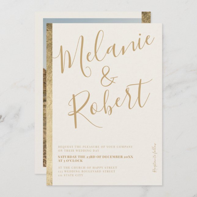 Modern bold gold stripe ivory wedding photo invitation (Front/Back)