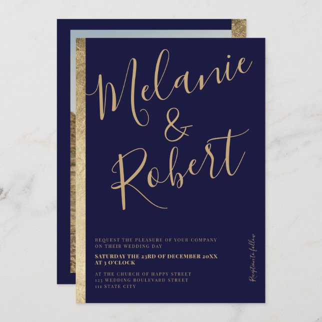 Modern bold gold stripe navy blue wedding photo invitation (Front/Back)