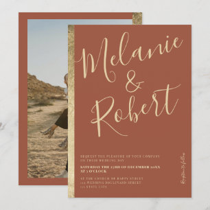 Modern bold gold stripe terracotta wedding photo invitation