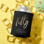 Modern Bold Gold Type 50th Birthday Can Cooler<br><div class="desc">Modern minimalist 50th birthday party paper can cooler features stylish faux gold foil number handwritten script fifty and your details in classic serif font on black background colour, simple and elegant, great surprise adult milestone birthday decor for men and women. The black background colour can be changed to any colour...</div>