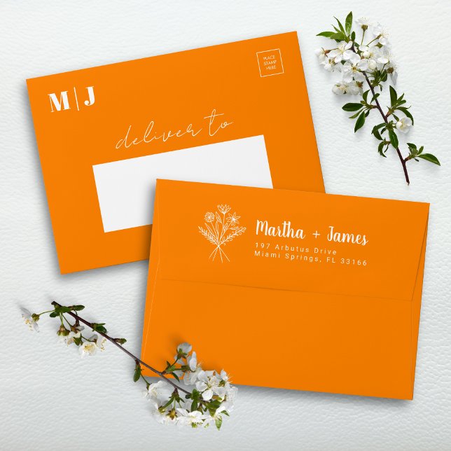 Modern Bold Golden Orange Floral Wedding Address  Envelope (Creator Uploaded)