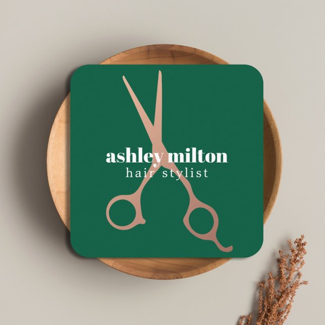 Modern Bold Green Faux Metal Scissors Hair Stylist Square Business Card (Creator Uploaded)
