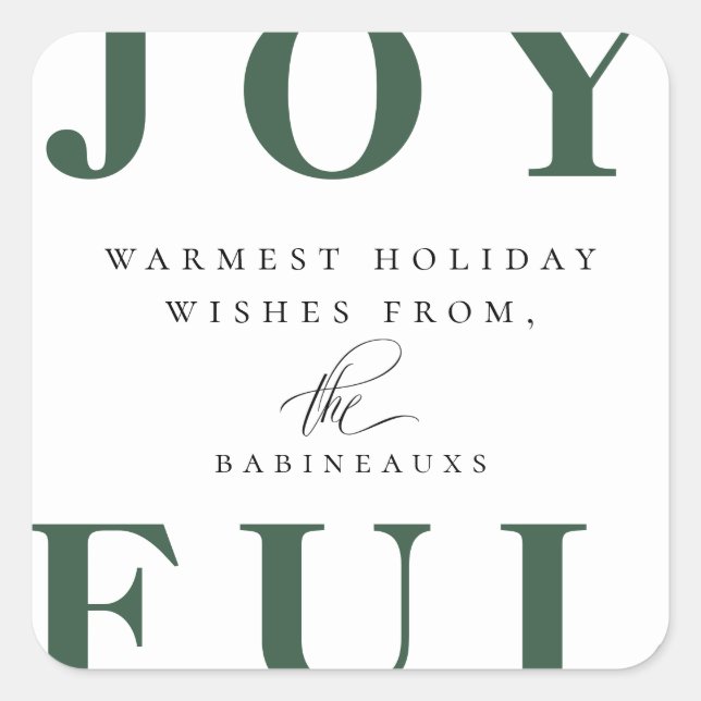 Modern Bold Green JOYFUL Holiday Square Sticker (Front)