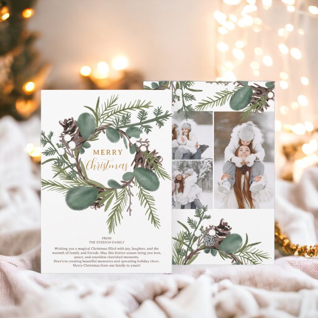 Modern Bold green wreath 3 photos Christmas Holiday Card (Modern Bold green wreath 3 photos Christmas Holiday Card)