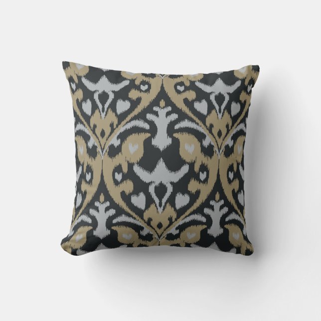 Modern bold grey beige black ikat tribal pattern cushion (Front)