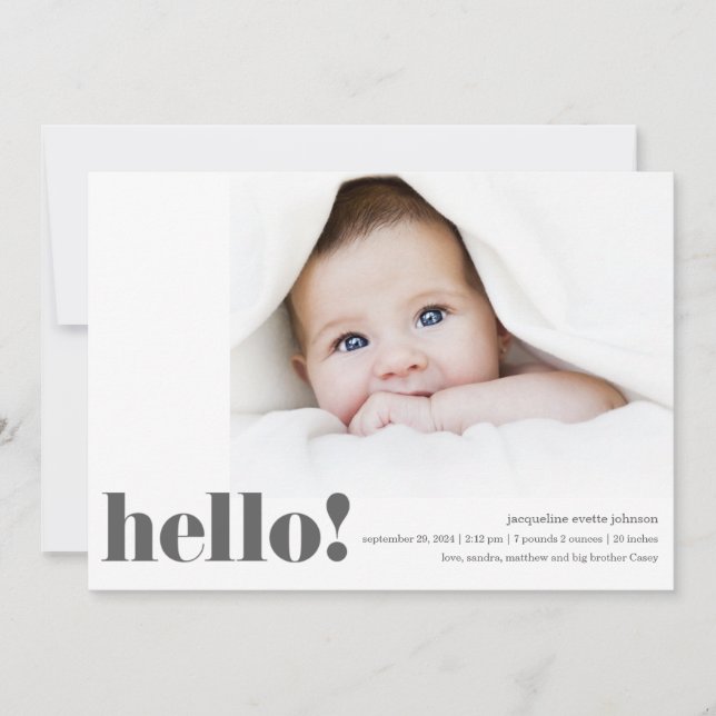 Modern Bold Hello Photo Birth Announcement (Front)