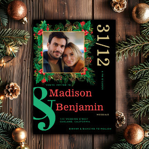 Modern Bold Holly Berries Photo Christmas Wedding Invitation