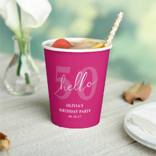 Modern Bold Hot Pink 50th Birthday Custom Paper Cups