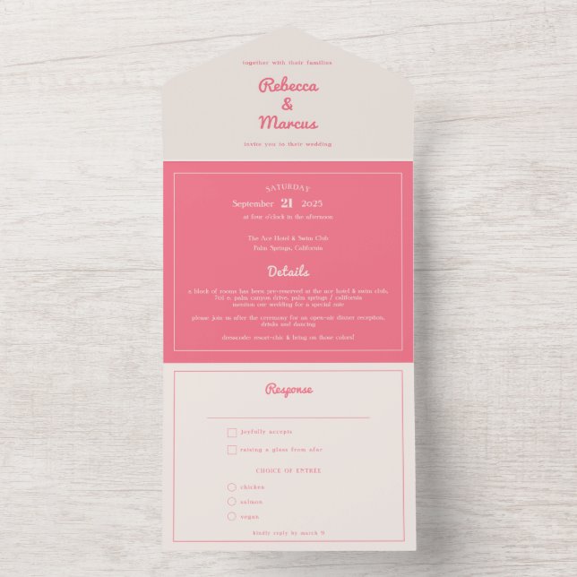 Modern Bold Hot Pink Fuchsia Retro Vibes Wedding All In One Invitation (Inside)
