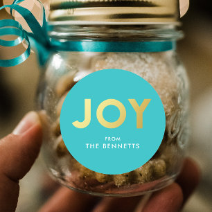 Modern Bold JOY Faux Foil Personalised Christmas Classic Round Sticker