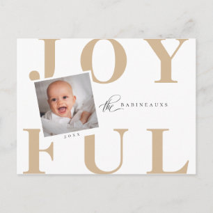 Modern Bold JOYFUL Christmas Photo Beige Holiday Postcard
