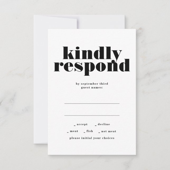 Modern Bold Kindly Respond Black White Wedding RSVP Card (Front)