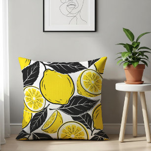 Modern Bold Lemon & Black Leaves  Seamless Pattern Cushion