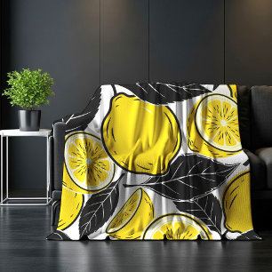 Modern Bold Lemon & Black Leaves  Seamless Pattern Fleece Blanket