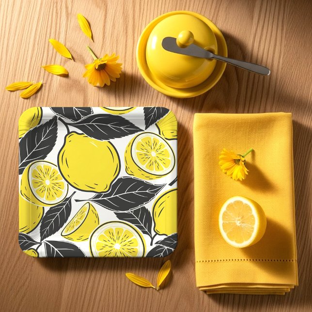 Modern Bold Lemon & Black Leaves  Seamless Pattern Paper Plate (Creator Uploaded)
