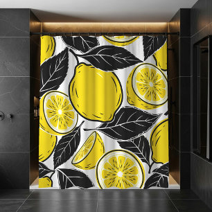 Modern Bold Lemon & Black Leaves  Seamless Pattern Shower Curtain
