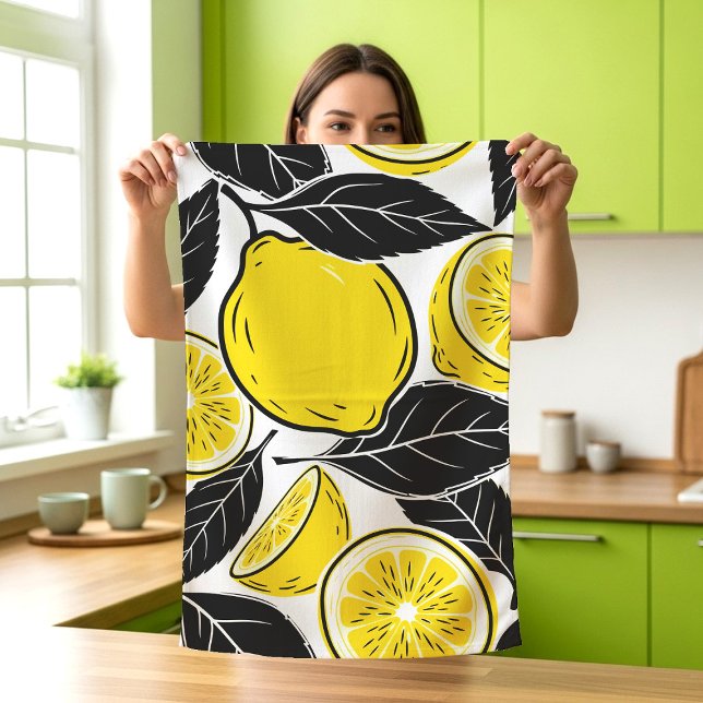 Modern Bold Lemon & Black Leaves  Seamless Pattern Tea Towel (Creator Uploaded)
