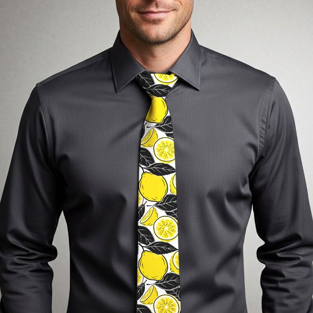 Modern Bold Lemon & Black Leaves  Seamless Pattern Tie (Creator Uploaded)