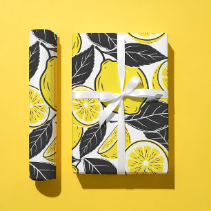 Modern Bold Lemon & Black Leaves Seamless Pattern Wrapping Paper